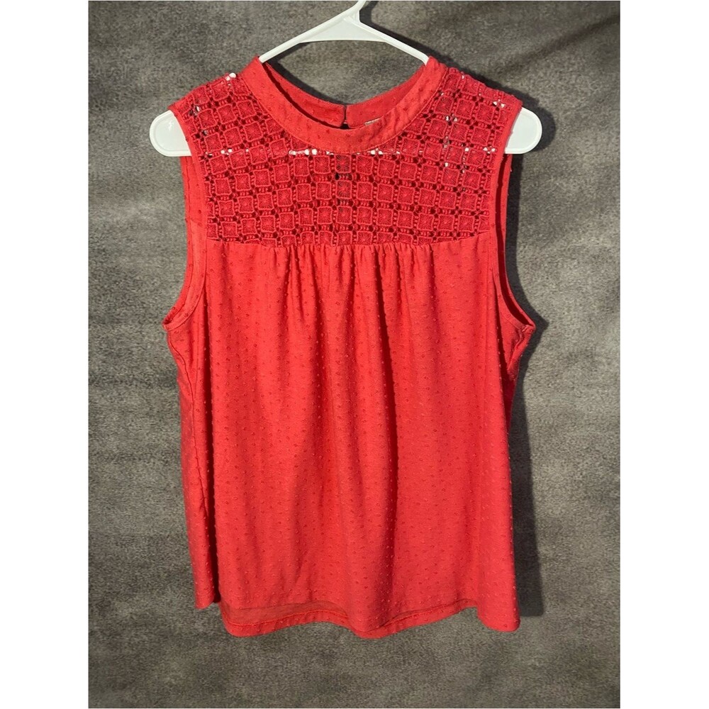 Daniel Rainn Women's Large Coral Red Swiss Dot Crochet Lace Yoke Sleeveless Top